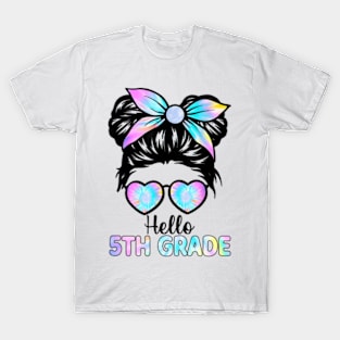 Hello 5th Grade Messy Hair Bun Girl Back To School First Day T-Shirt